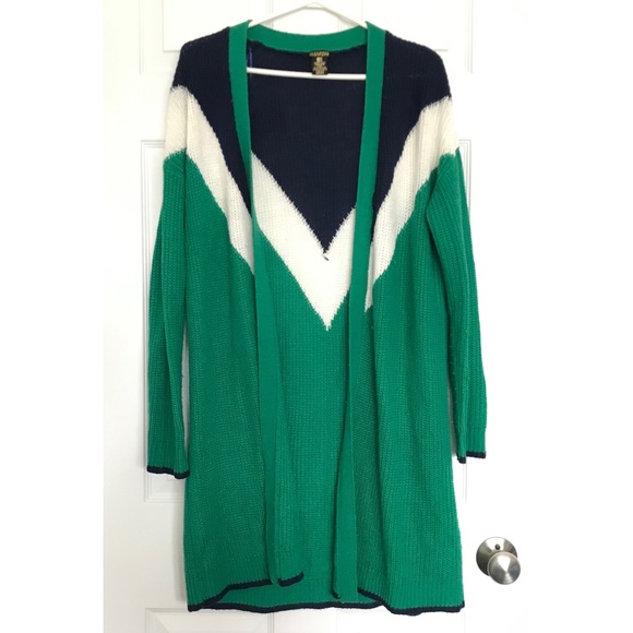 REVAMPED Sweater Knits Long Sleeve V-Patterned Cardigan M Green Navy Blue White - Picture 1 of 8